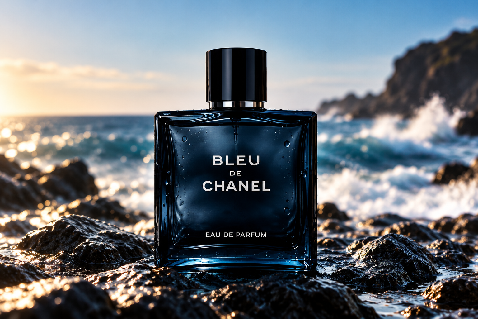 Bleu de Chanel Eau de Parfum bottle beside ocean waves on rocky shores