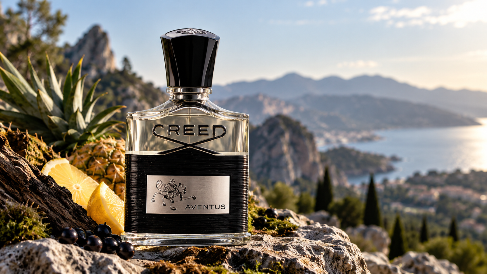 Creed Aventus perfume bottle on rocky terrain with citrus fruits and a scenic mountain backdrop