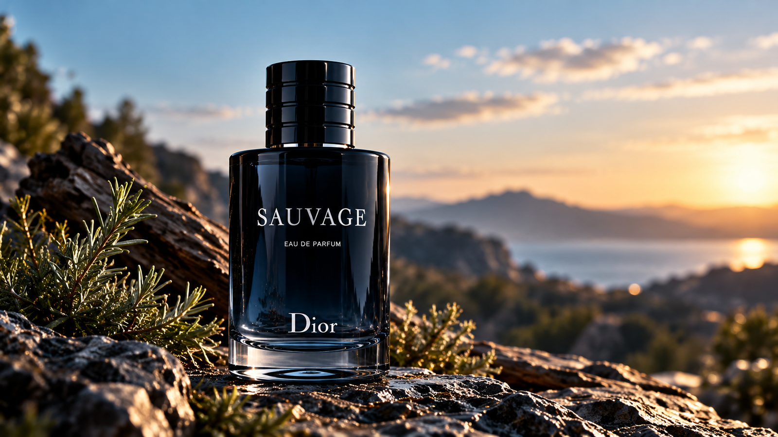 Dior Sauvage Eau de Parfum bottle on rocky terrain beside a sunset-lit lake