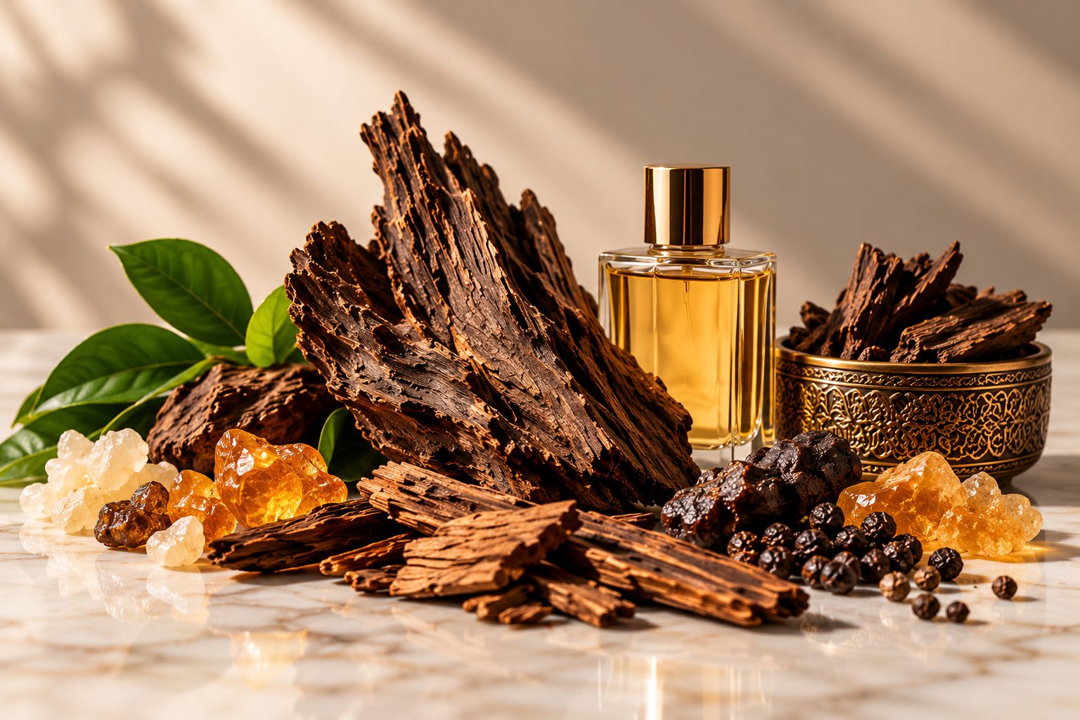 Oud wood chips, amber resin, and a golden perfume bottle arranged in a luxury fragrance still life