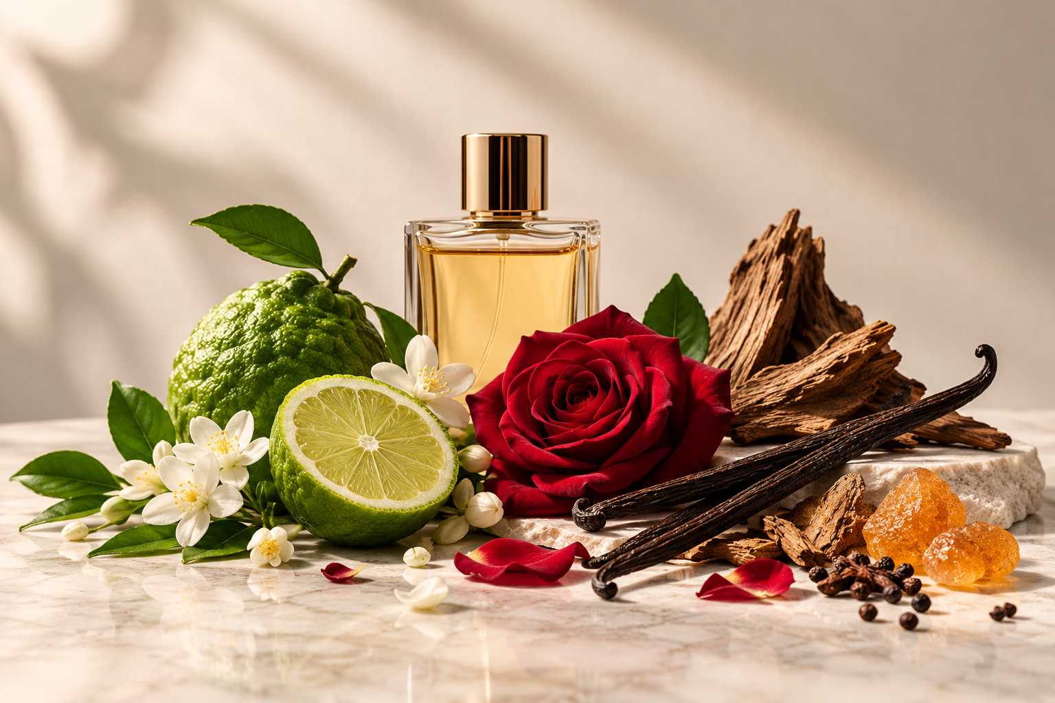 Luxury perfume bottle surrounded by bergamot, rose, vanilla, oud wood and fragrance ingredients Copy alt text