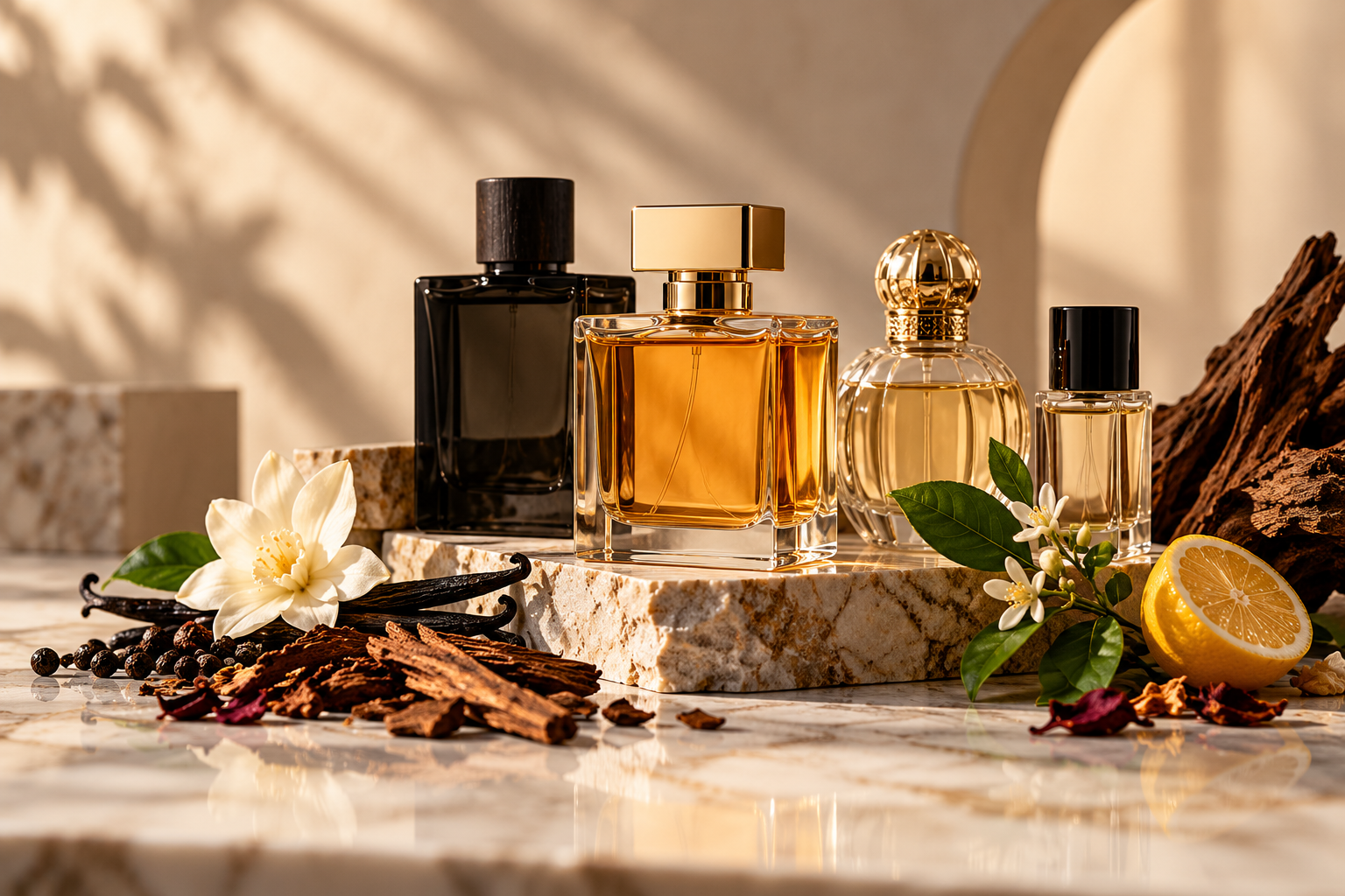 Luxury perfume bottles arranged with vanilla flowers, citrus, spices, and woods in an editorial still life